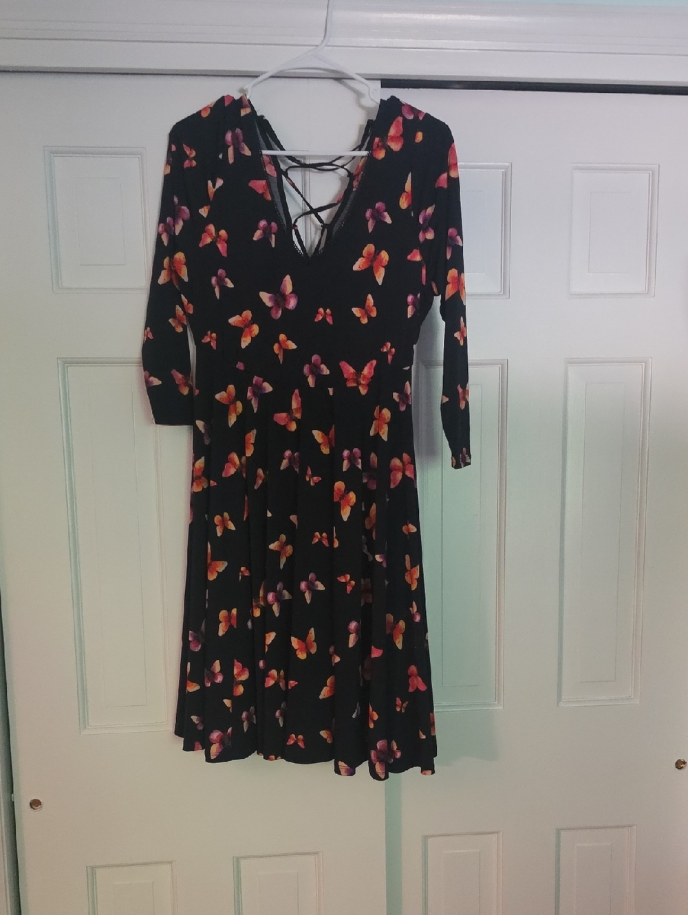 torrid Black Long Sleeve Butterfly Lace-Up V-Neck Dress